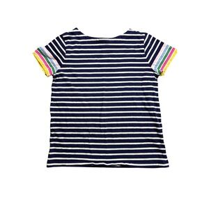 Boden Navy & White Striped Tee with Rainbow Sleeve Stripes